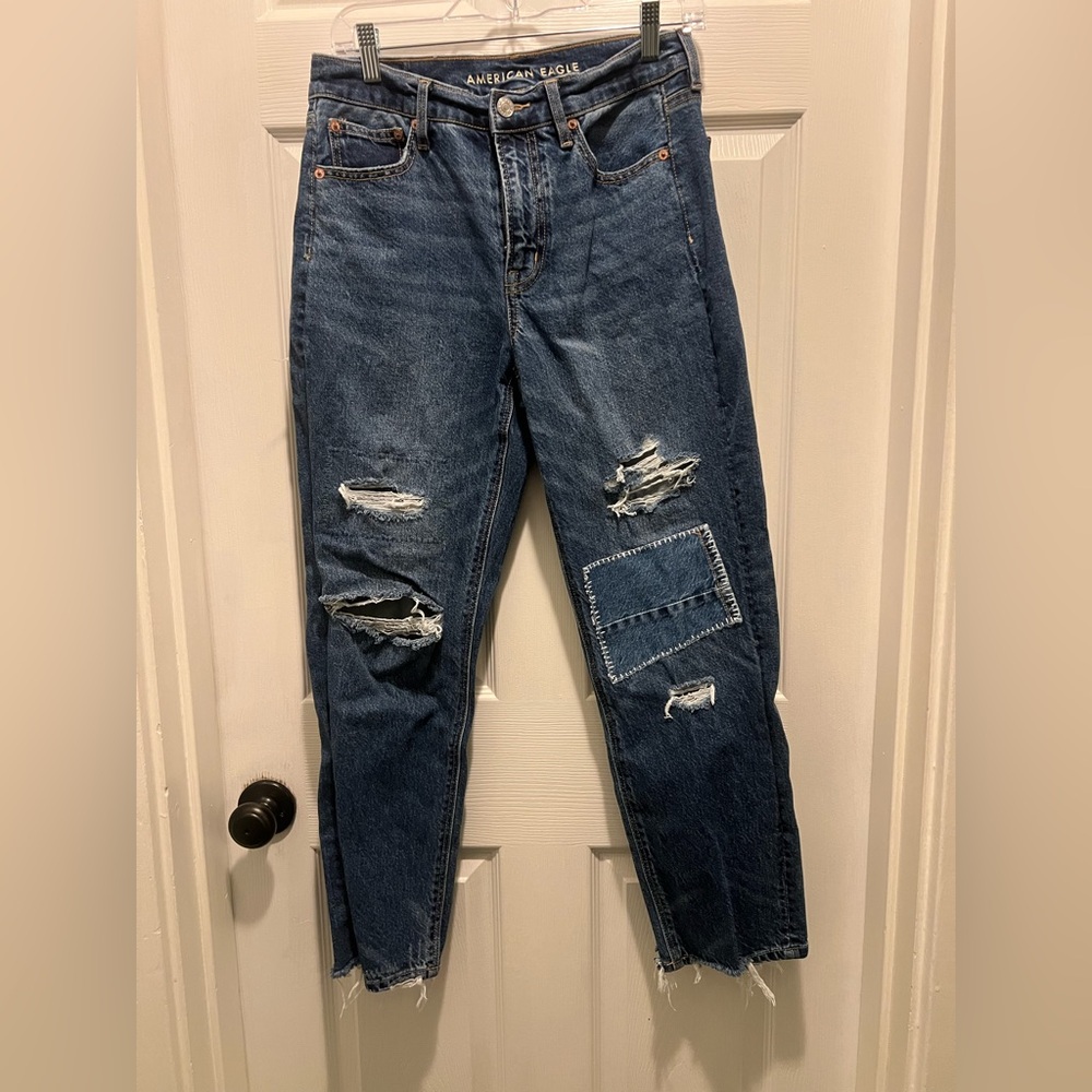 American Eagle ultra high rise straight Distressed Blue Jeans with Patchwork